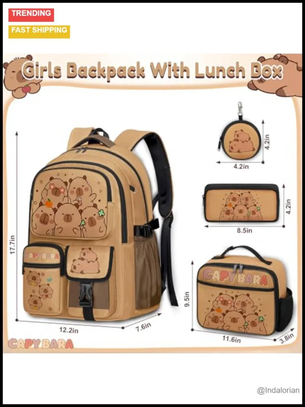 4-Piece Boys Backpack Set with Lunch Box & Pencil Case, Polyester Bookbag for